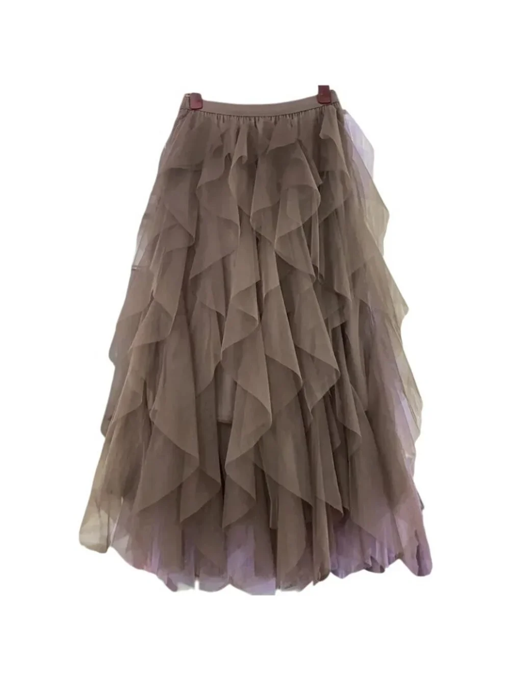 New Layered Taupe Tulle Maxi S/M Skirt With Elastic Waistband